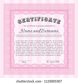 Pink Diploma or certificate template. Nice design. Vector illustration. With guilloche pattern. 