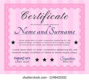 Pink Diploma or certificate template. Nice design. Customizable, Easy to edit and change colors. With guilloche pattern and background. 