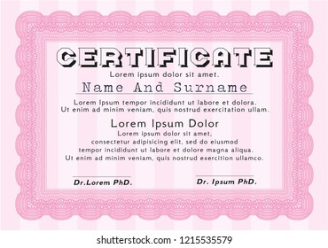 Pink Diploma or certificate template. Nice design. Detailed. With guilloche pattern and background. 