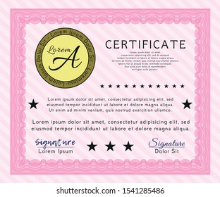 Pink Diploma or certificate template. Nice design. Printer friendly. Detailed. 