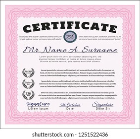 Pink Diploma or certificate template. Perfect design. With quality background. Detailed. 