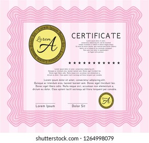 Pink Diploma or certificate template. Perfect design. Vector illustration. With great quality guilloche pattern. 