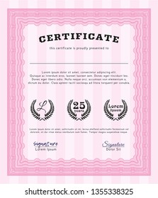 Pink Diploma or certificate template. Perfect design. With guilloche pattern. Detailed. 