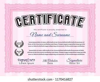 Pink Diploma or certificate template. Printer friendly. Vector illustration. Nice design. 