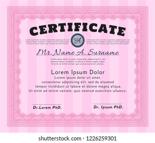Pink Diploma or certificate template. Printer friendly. Artistry design. Vector illustration. 