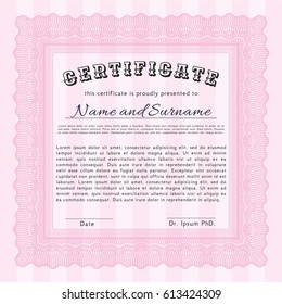 Pink Diploma or certificate template. Printer friendly. Detailed. Money Pattern. 