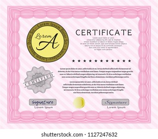 Pink Diploma or certificate template. With quality background. Vector illustration. Good design. 