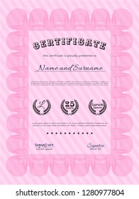 Pink Diploma or certificate template. With quality background. Vector illustration. Superior design. 