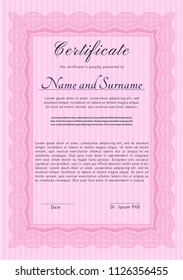Pink Diploma or certificate template. Sophisticated design. Vector illustration. With linear background. 