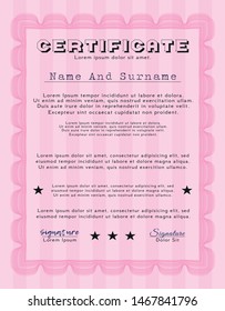Pink Diploma or certificate template. Sophisticated design. With guilloche pattern and background. Vector illustration. 
