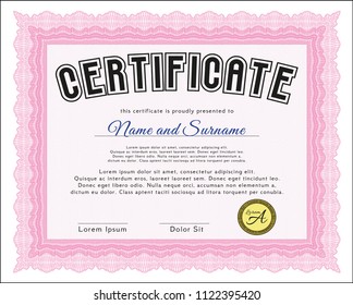 Pink Diploma or certificate template. Superior design. Customizable, Easy to edit and change colors. With great quality guilloche pattern. 