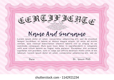 Pink Diploma or certificate template. Superior design. Customizable, Easy to edit and change colors. Printer friendly. 