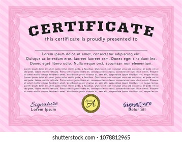  Pink Diploma or certificate template. Vector illustration. Easy to print. Sophisticated design. 