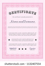 Pink Diploma or certificate template. Vector illustration. Easy to print. Money Pattern. 