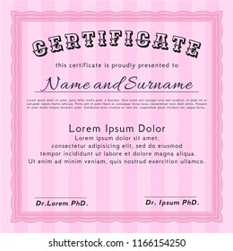 Pink Diploma or certificate template. Vector illustration. Printer friendly. Sophisticated design. 