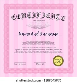 Pink Diploma or certificate template. Vector illustration. Complex background. Elegant design. 