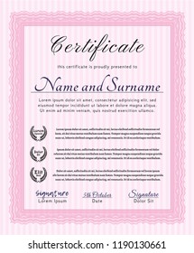 Pink Diploma or certificate template. Vector illustration. Easy to print. Money Pattern. 