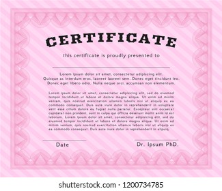 Pink Diploma or certificate template. Vector illustration. With guilloche pattern and background. Sophisticated design. 