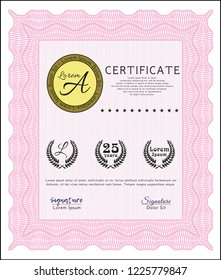 Pink Diploma or certificate template. Vector illustration. With complex linear background. Money design. 