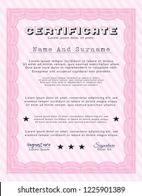 Pink Diploma or certificate template. Vector illustration. With guilloche pattern. Nice design. 