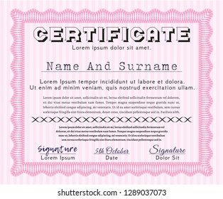 Pink Diploma or certificate template. Vector illustration. With guilloche pattern and background. Elegant design. 