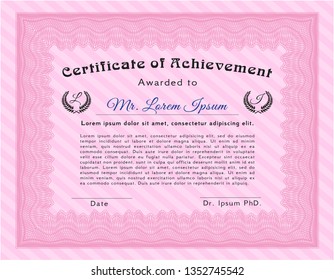 Pink Diploma or certificate template. Vector illustration. Easy to print. Cordial design. 