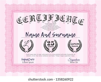 Pink Diploma or certificate template. Vector illustration. With quality background. Modern design. 