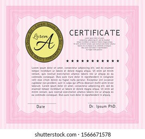 Pink Diploma or certificate template. Vector illustration. With complex linear background. Money style design. 