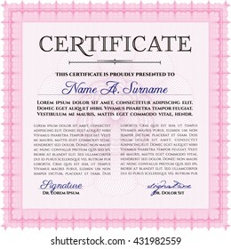 Pink Diploma or certificate template. Vector illustration. With complex background. Lovely design. 