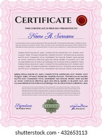Diploma rosa o plantilla de certificado. Patrón vectorial que se utiliza en moneda y diplomas.Fondo complejo. Diseño superior. 