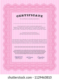 Pink Diploma. Complex background. Cordial design. Detailed. 