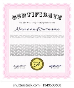 Pink Diploma. Complex background. Detailed. Nice design. 
