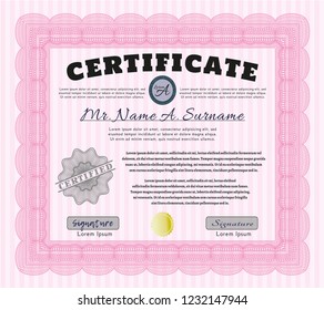 Pink Diploma. With complex linear background. Money design. Vector illustration. 