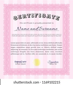 Pink Diploma. Cordial design. Customizable, Easy to edit and change colors. Complex background. 