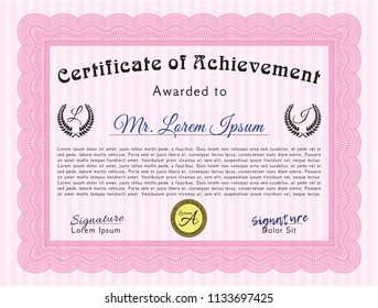 Pink Diploma. Cordial design. Vector illustration. With great quality guilloche pattern. 