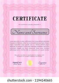 Pink Diploma. Cordial design. Vector illustration. With guilloche pattern and background. 