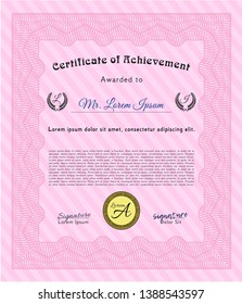 Pink Diploma. Cordial design. Vector illustration. With guilloche pattern and background. 