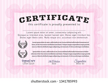 Pink Diploma. Customizable, Easy to edit and change colors. With complex linear background. Money Pattern design. 