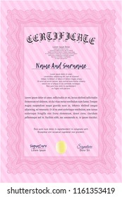 Pink Diploma. Detailed. With complex background. Money design. 
