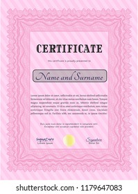 Pink Diploma. Detailed. With complex linear background. Beauty design. 