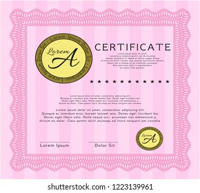 Pink Diploma. Detailed. With complex linear background. Beauty design. 