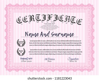 Pink Diploma. Detailed. With linear background. Money Pattern. 