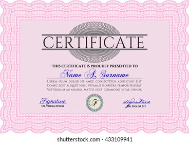 Pink Diploma. Good design. With background. Border, frame. 