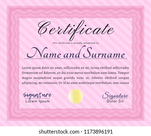 Pink Diploma. Good design. Vector illustration. With background. 