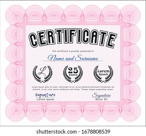 Pink Diploma. With great quality guilloche pattern. Detailed. Money Pattern. 