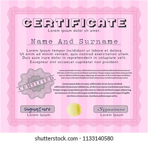 Pink Diploma. With guilloche pattern and background. Detailed. Beauty design. 