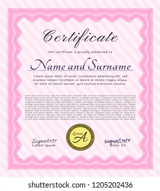 Pink Diploma. With guilloche pattern and background. Retro design. Vector illustration. 