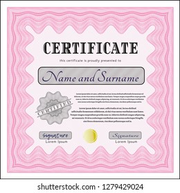 Pink Diploma. With guilloche pattern and background. Beauty design. Customizable, Easy to edit and change colors. 