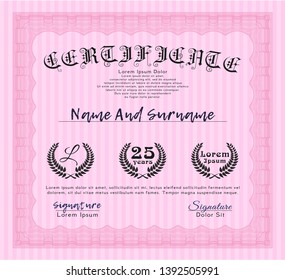 Pink Diploma. With guilloche pattern and background. Elegant design. Vector illustration. 
