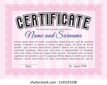 Pink Diploma. With guilloche pattern. Customizable, Easy to edit and change colors. Money Pattern design. 